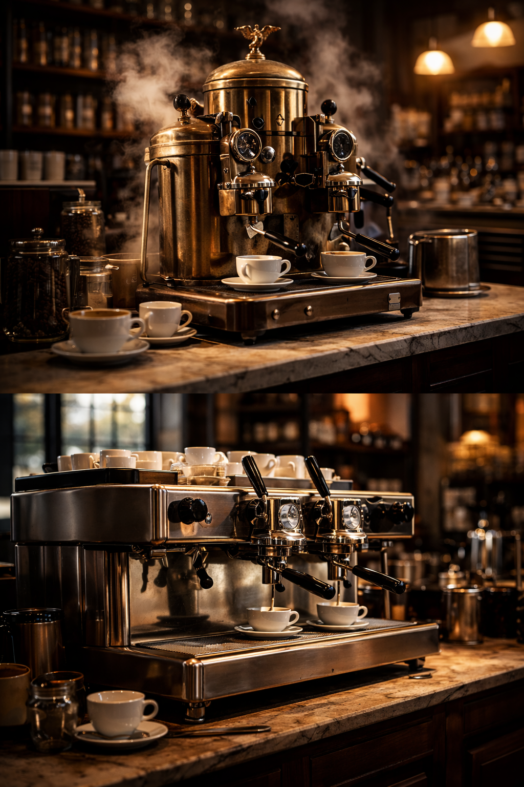 Twee espressomachines met kopjes.